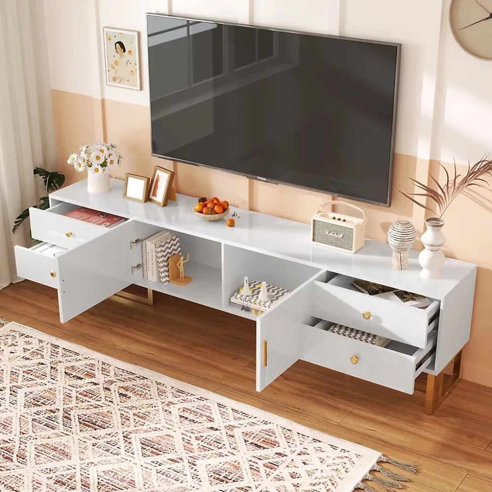 Meuble TV Moderne avec 2 Portes et 4 Tiroirs - Meuble Bas design Contemporain avec Pieds Dorés - Blanc - 175x30x46 cm