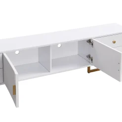 Meuble TV Moderne avec 2 Portes et 4 Tiroirs - Meuble Bas design Contemporain avec Pieds Dorés - Blanc - 175x30x46 cm