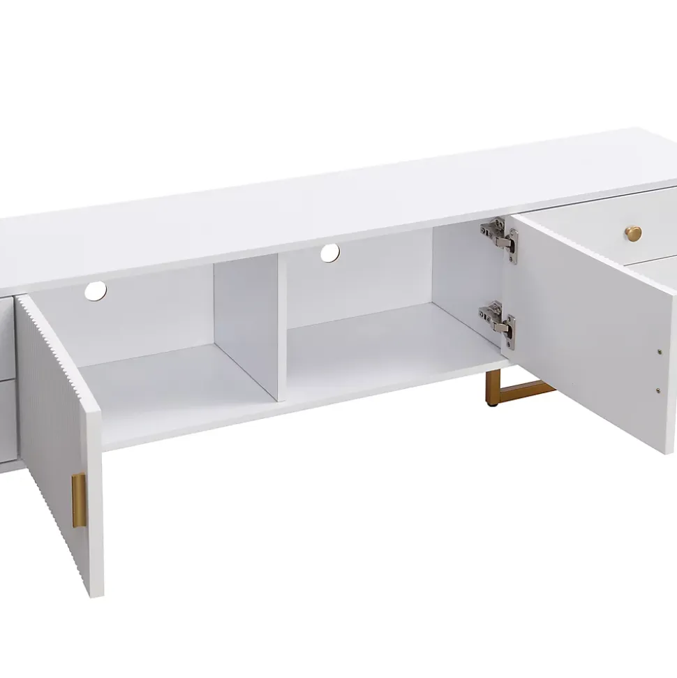 Meuble TV Moderne avec 2 Portes et 4 Tiroirs - Meuble Bas design Contemporain avec Pieds Dorés - Blanc - 175x30x46 cm