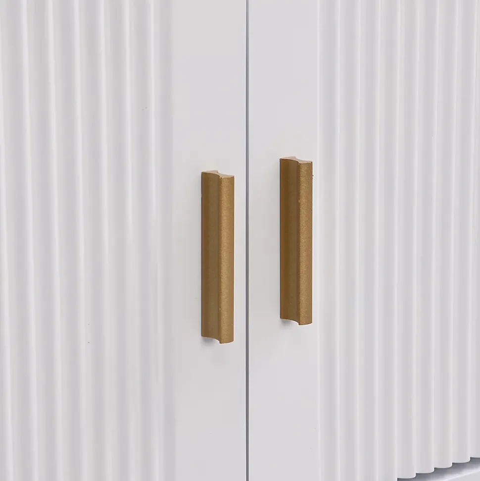 Meuble TV Moderne avec 2 Portes et 4 Tiroirs - Meuble Bas design Contemporain avec Pieds Dorés - Blanc - 175x30x46 cm