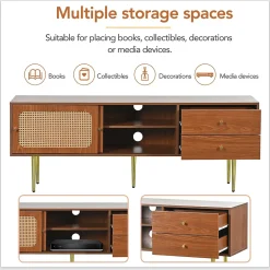 Meuble TV Moderne avec 2 Portes Coulissantes Effet Rotin et 2 Tiroirs, avec Pieds Métal et 4 Compartiments, Marron, 160x40x60 cm