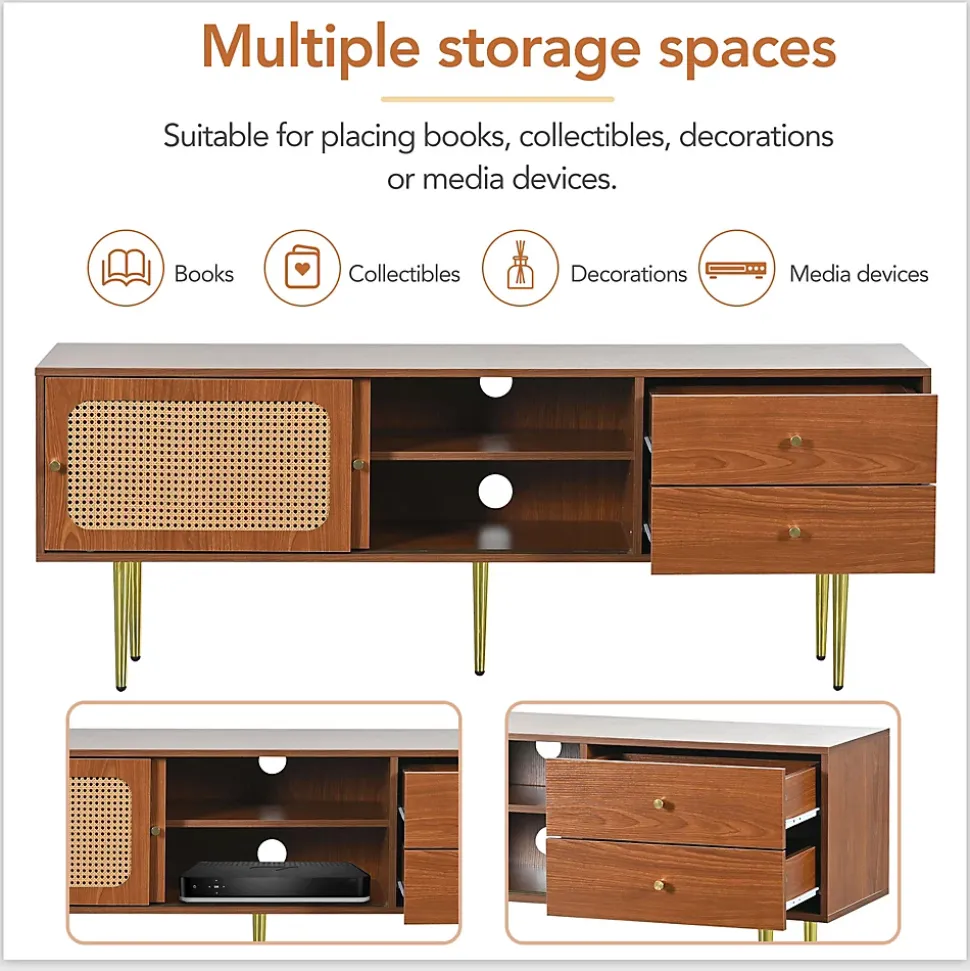 Meuble TV Moderne avec 2 Portes Coulissantes Effet Rotin et 2 Tiroirs, avec Pieds Métal et 4 Compartiments, Marron, 160x40x60 cm