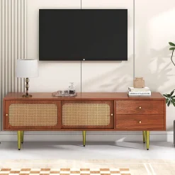 Meuble TV Moderne avec 2 Portes Coulissantes Effet Rotin et 2 Tiroirs, avec Pieds Métal et 4 Compartiments, Marron, 160x40x60 cm