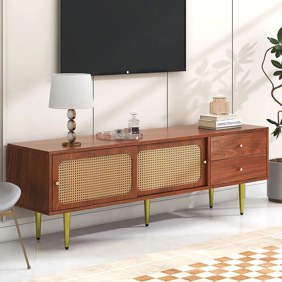 Meuble TV Moderne avec 2 Portes Coulissantes Effet Rotin et 2 Tiroirs, avec Pieds Métal et 4 Compartiments, Marron, 160x40x60 cm