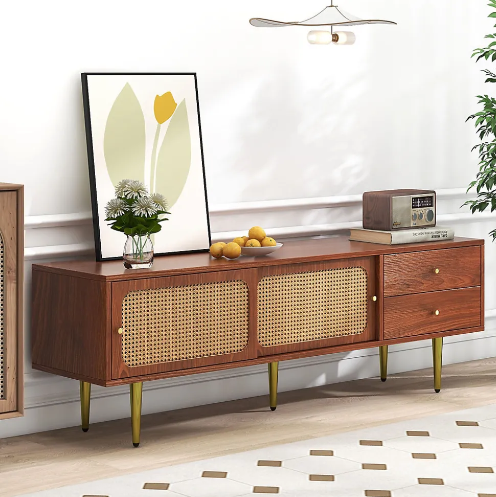 Meuble TV Moderne avec 2 Portes Coulissantes Effet Rotin et 2 Tiroirs, avec Pieds Métal et 4 Compartiments, Marron, 160x40x60 cm