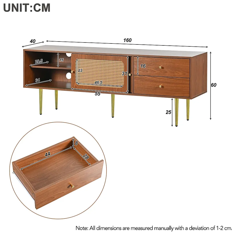 Meuble TV Moderne avec 2 Portes Coulissantes Effet Rotin et 2 Tiroirs, avec Pieds Métal et 4 Compartiments, Marron, 160x40x60 cm