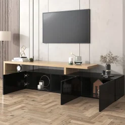Meuble TV Moderne avec LED, 3 Portes et Étagères en Verre, MDF E1, 197,5x39x42 cm, Noir et Bois