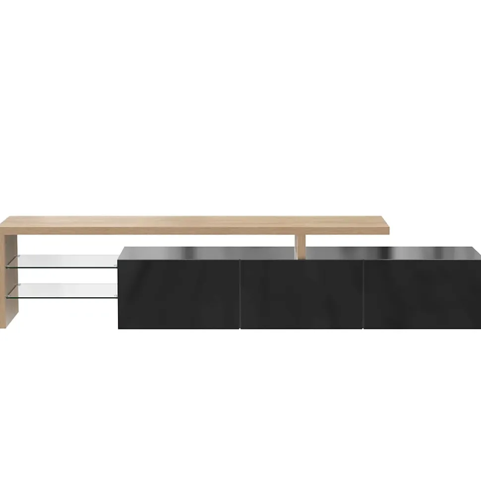 Meuble TV Moderne avec LED, 3 Portes et Étagères en Verre, MDF E1, 197,5x39x42 cm, Noir et Bois