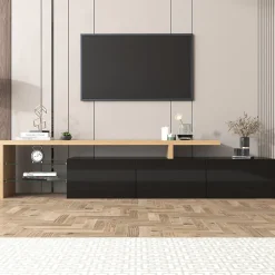 Meuble TV Moderne avec LED, 3 Portes et Étagères en Verre, MDF E1, 197,5x39x42 cm, Noir et Bois