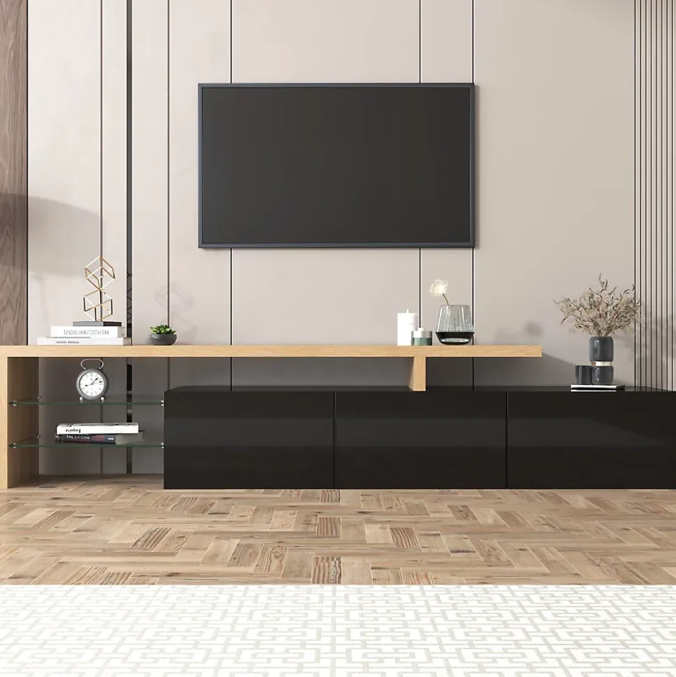 Meuble TV Moderne avec LED, 3 Portes et Étagères en Verre, MDF E1, 197,5x39x42 cm, Noir et Bois