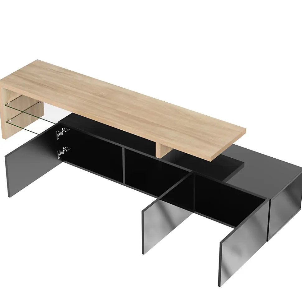Meuble TV Moderne avec LED, 3 Portes et Étagères en Verre, MDF E1, 197,5x39x42 cm, Noir et Bois