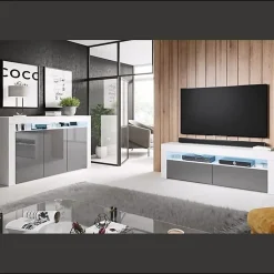 Meuble TV moderne avec LED RGB - Blanc & Gris - 2 portes - Mélamine - 140 x 50,5 x 35 cm
