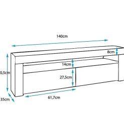 Meuble TV moderne avec LED RGB - Blanc & Gris - 2 portes - Mélamine - 140 x 50,5 x 35 cm