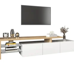 Meuble TV Moderne avec lumières LED Variables, 3 Portes et étagères en Verre - Buffet élégant pour Salon - Blanc