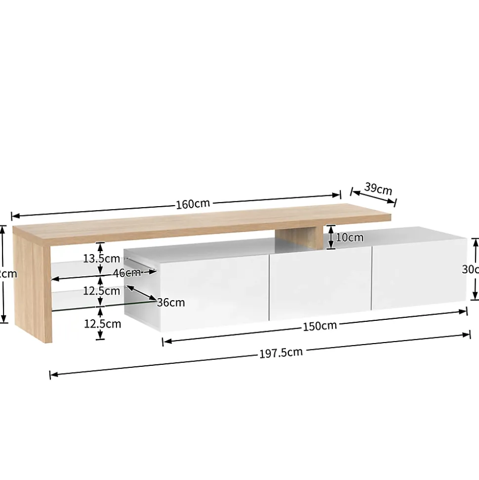 Meuble TV Moderne avec lumières LED Variables, 3 Portes et étagères en Verre - Buffet élégant pour Salon - Blanc