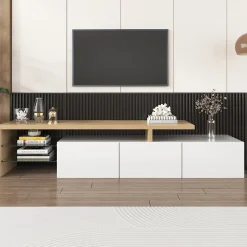 Meuble TV Moderne avec lumières LED Variables, 3 Portes et étagères en Verre - Buffet élégant pour Salon - Blanc