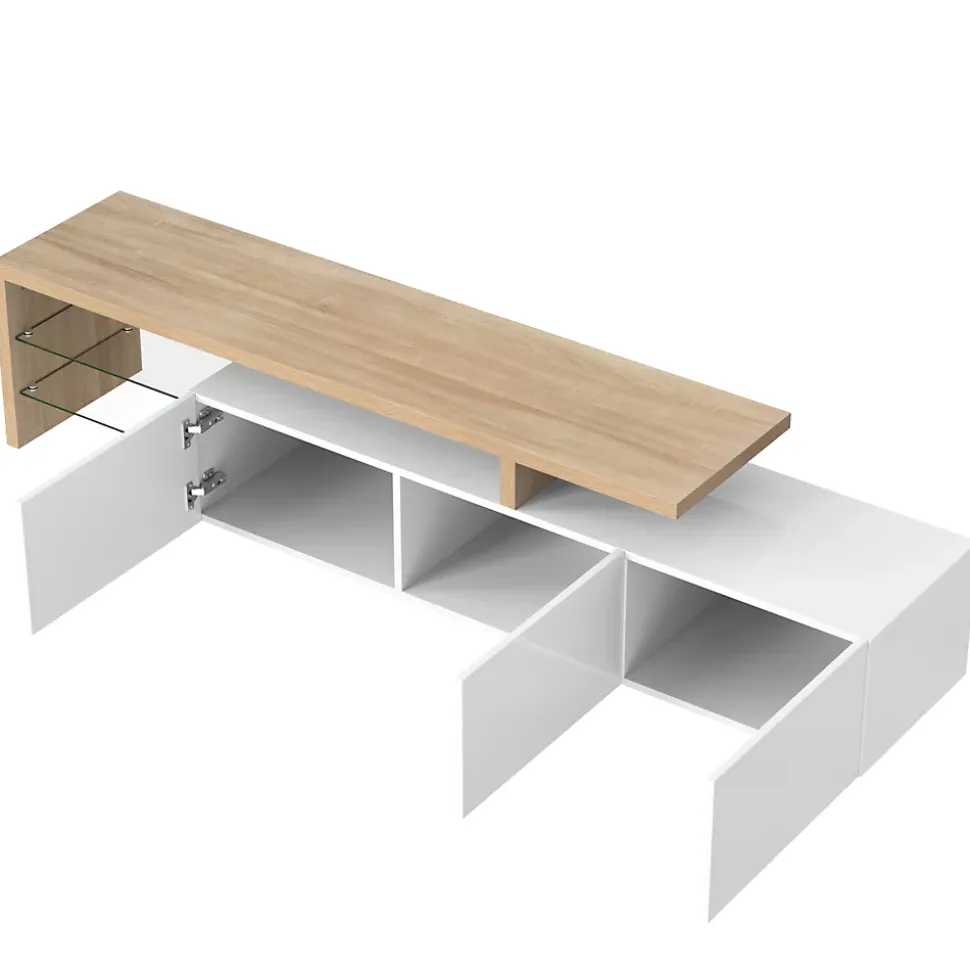 Meuble TV Moderne avec lumières LED Variables, 3 Portes et étagères en Verre - Buffet élégant pour Salon - Blanc