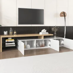 Meuble TV Moderne avec lumières LED Variables, 3 Portes et étagères en Verre - Buffet élégant pour Salon - Blanc