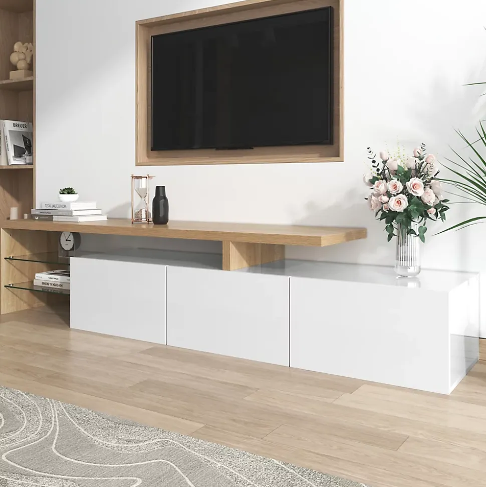 Meuble TV Moderne avec lumières LED Variables, 3 Portes et étagères en Verre - Buffet élégant pour Salon - Blanc