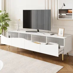 Meuble TV Moderne avec Portes Vitrées, Éclairage LED Intégré et Espace de Rangement, design Pieds Dorés Métal - Blanc