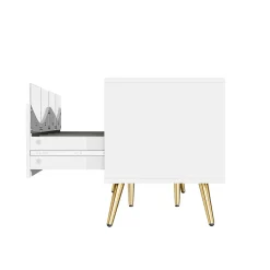 Meuble TV Moderne avec Portes Vitrées, Éclairage LED Intégré et Espace de Rangement, design Pieds Dorés Métal - Blanc