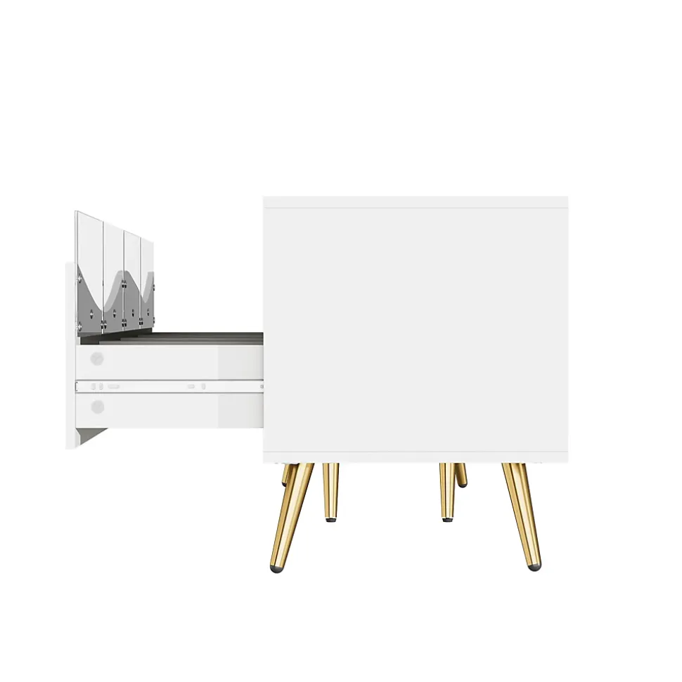 Meuble TV Moderne avec Portes Vitrées, Éclairage LED Intégré et Espace de Rangement, design Pieds Dorés Métal - Blanc