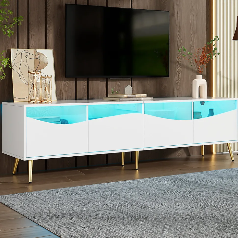 Meuble TV Moderne avec Portes Vitrées, Éclairage LED Intégré et Espace de Rangement, design Pieds Dorés Métal - Blanc