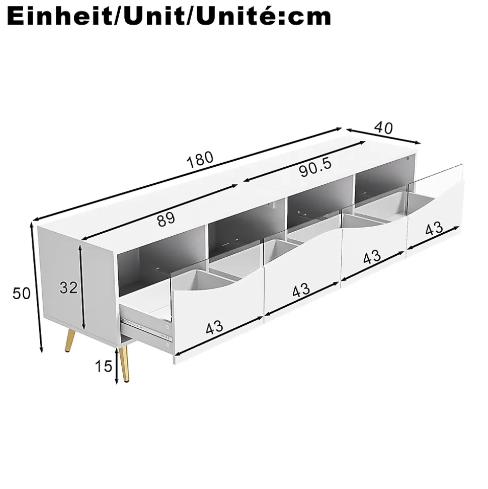 Meuble TV Moderne avec Portes Vitrées, Éclairage LED Intégré et Espace de Rangement, design Pieds Dorés Métal - Blanc