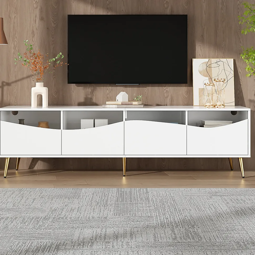 Meuble TV Moderne avec Portes Vitrées, Éclairage LED Intégré et Espace de Rangement, design Pieds Dorés Métal - Blanc