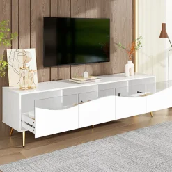 Meuble TV Moderne avec Portes Vitrées, Éclairage LED Intégré et Espace de Rangement, design Pieds Dorés Métal - Blanc