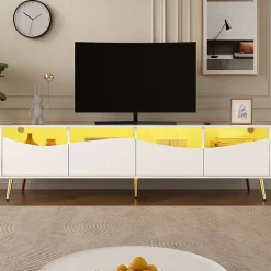 Meuble TV Moderne avec Portes Vitrées, Éclairage LED Intégré et Espace de Rangement, design Pieds Dorés Métal - Blanc