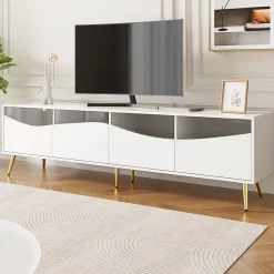 Meuble TV Moderne avec Portes Vitrées, Éclairage LED Intégré et Espace de Rangement, design Pieds Dorés Métal - Blanc