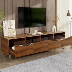 Meuble TV Moderne avec Portes Vitrées et Éclairage LED Intégré, Meuble Bas design Bois avec Pieds Dorés Métal - Naturel