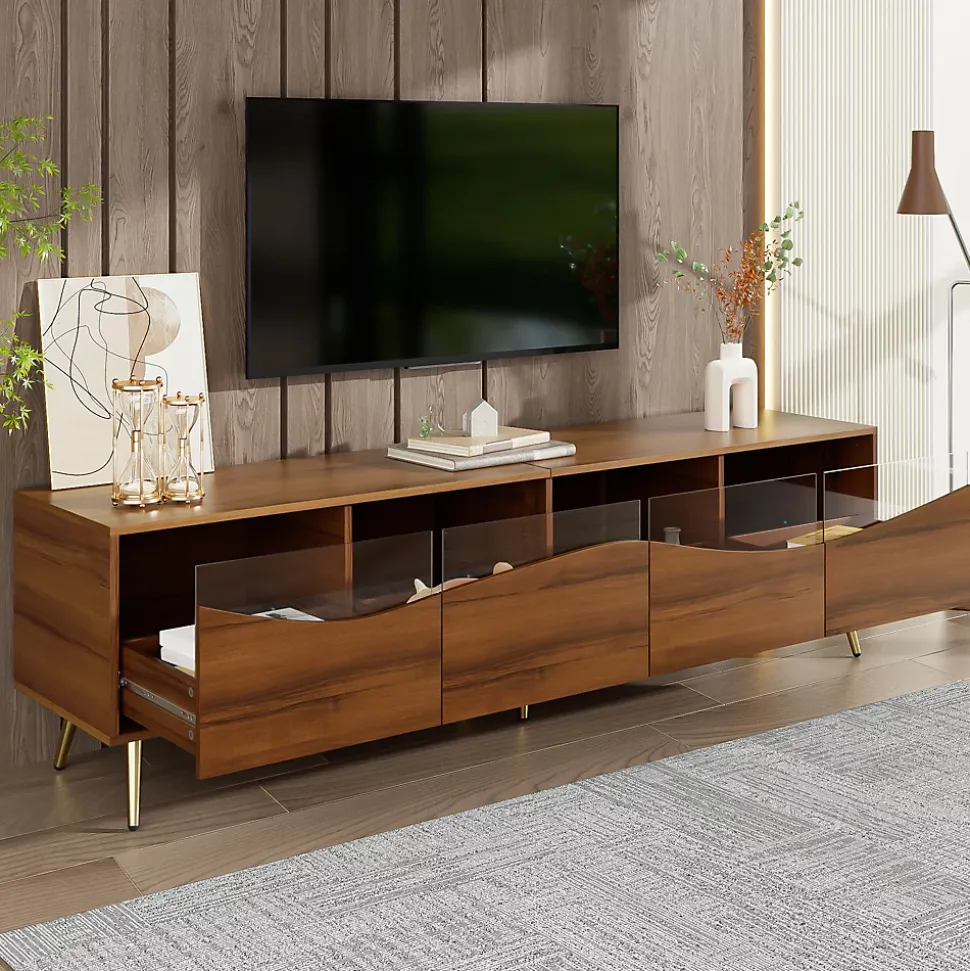 Meuble TV Moderne avec Portes Vitrées et Éclairage LED Intégré, Meuble Bas design Bois avec Pieds Dorés Métal - Naturel