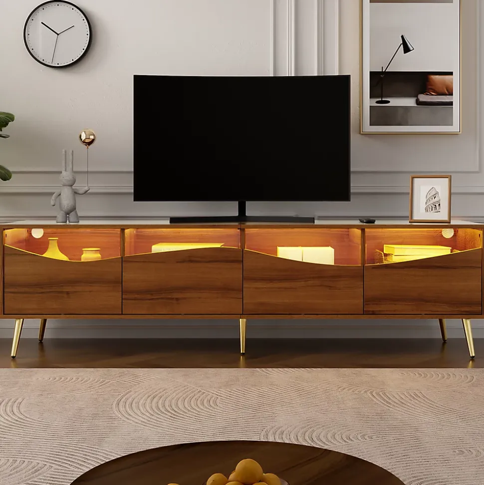 Meuble TV Moderne avec Portes Vitrées et Éclairage LED Intégré, Meuble Bas design Bois avec Pieds Dorés Métal - Naturel