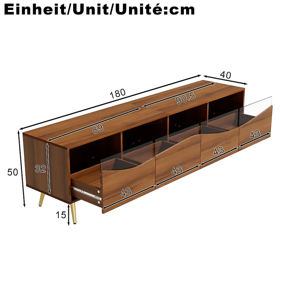 Meuble TV Moderne avec Portes Vitrées et Éclairage LED Intégré, Meuble Bas design Bois avec Pieds Dorés Métal - Naturel