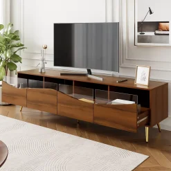 Meuble TV Moderne avec Portes Vitrées et Éclairage LED Intégré, Meuble Bas design Bois avec Pieds Dorés Métal - Naturel