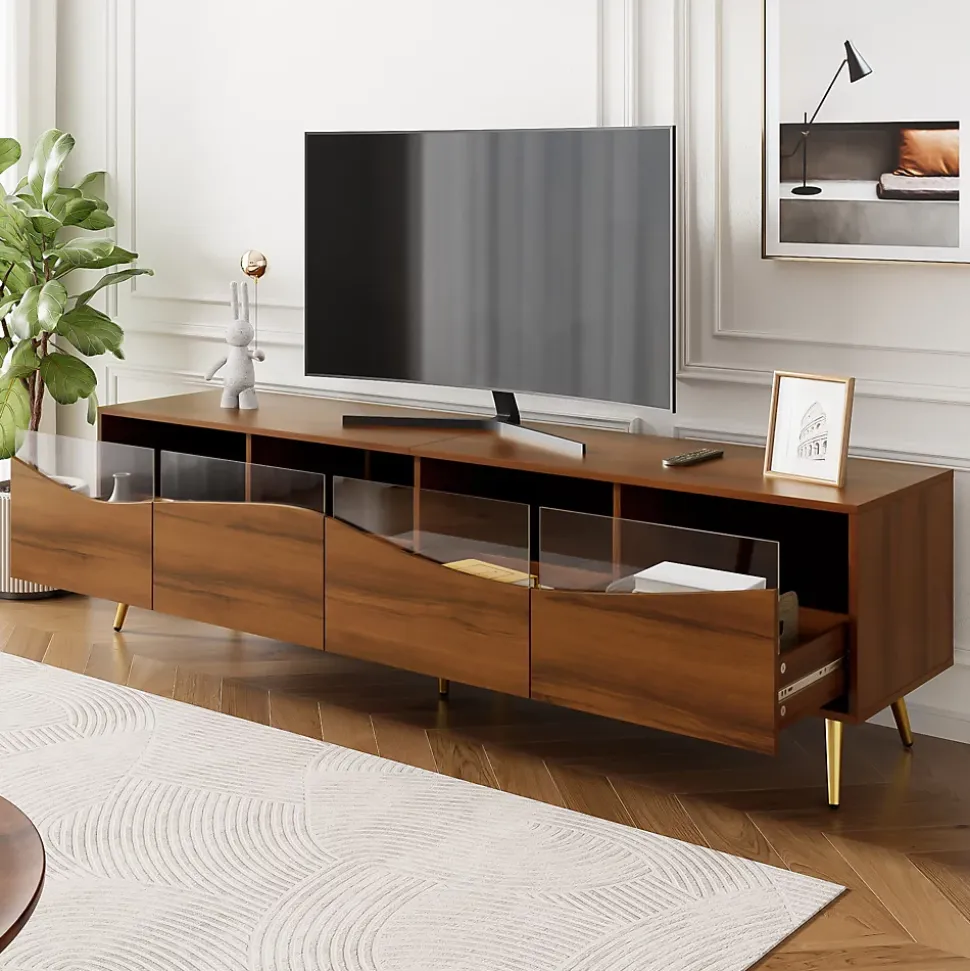 Meuble TV Moderne avec Portes Vitrées et Éclairage LED Intégré, Meuble Bas design Bois avec Pieds Dorés Métal - Naturel