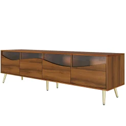 Meuble TV Moderne avec Portes Vitrées et Éclairage LED Intégré, Meuble Bas design Bois avec Pieds Dorés Métal - Naturel