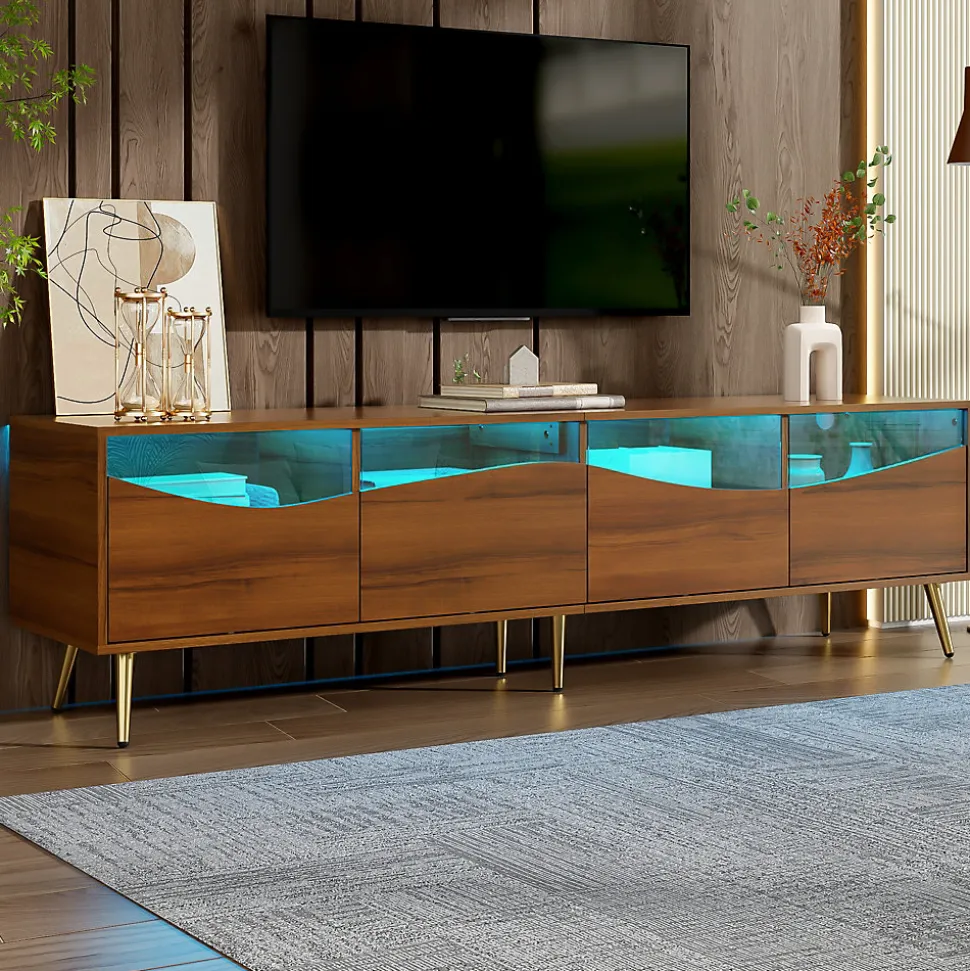 Meuble TV Moderne avec Portes Vitrées et Éclairage LED Intégré, Meuble Bas design Bois avec Pieds Dorés Métal - Naturel