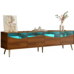 Meuble TV Moderne avec Portes Vitrées et Éclairage LED Intégré, Meuble Bas design Bois avec Pieds Dorés Métal - Naturel