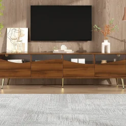 Meuble TV Moderne avec Portes Vitrées et Éclairage LED Intégré, Meuble Bas design Bois avec Pieds Dorés Métal - Naturel