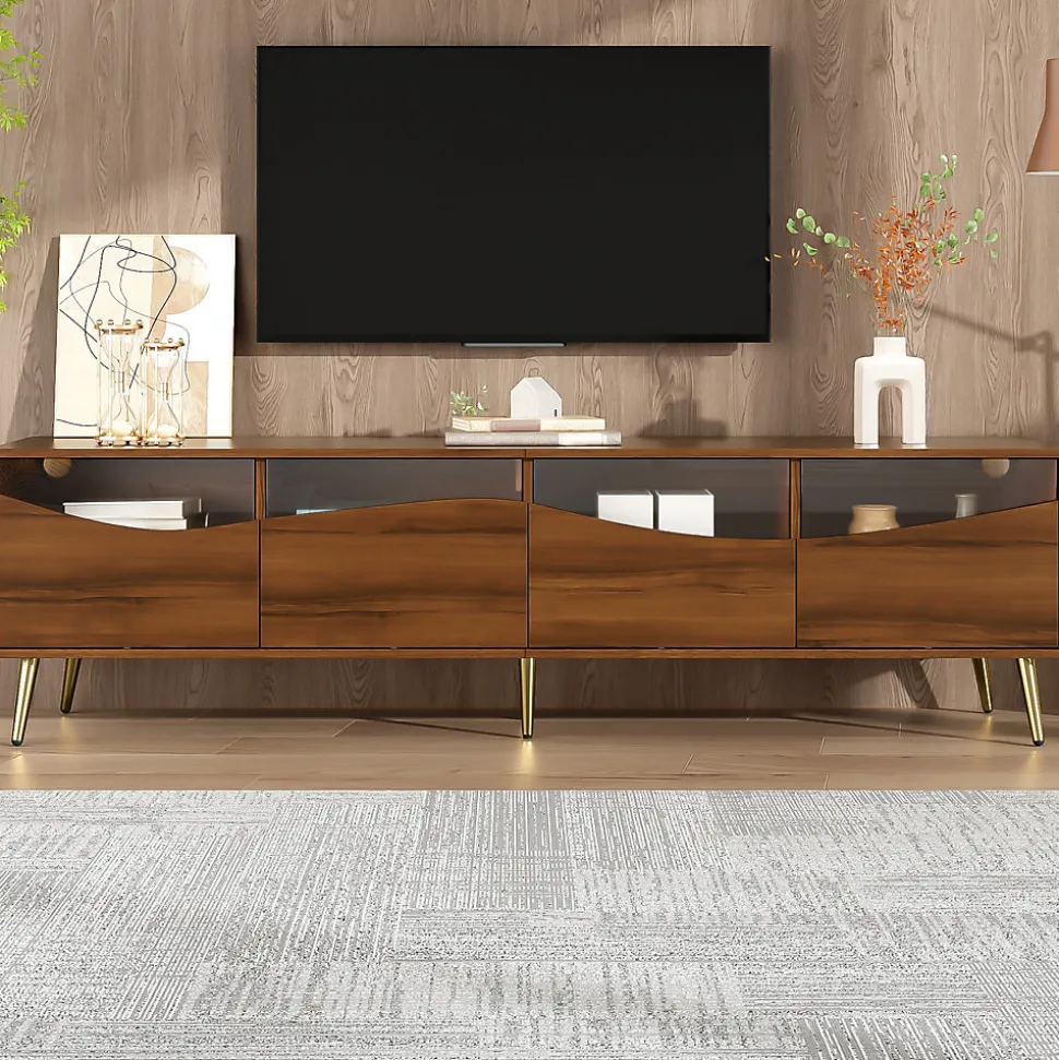 Meuble TV Moderne avec Portes Vitrées et Éclairage LED Intégré, Meuble Bas design Bois avec Pieds Dorés Métal - Naturel