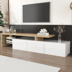 Meuble TV moderne elegance raffinee rangement pratique finition blanche brillante effet bois etageres verre LED integre