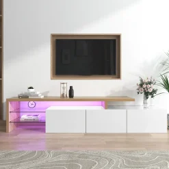 Meuble TV moderne elegance raffinee rangement pratique finition blanche brillante effet bois etageres verre LED integre