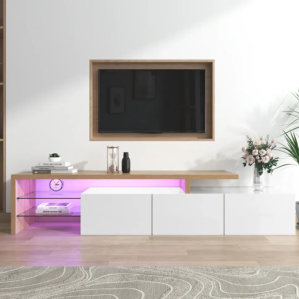 Meuble TV moderne elegance raffinee rangement pratique finition blanche brillante effet bois etageres verre LED integre