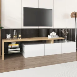 Meuble TV moderne elegance raffinee rangement pratique finition blanche brillante effet bois etageres verre LED integre