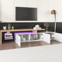 Meuble TV moderne elegance raffinee rangement pratique finition blanche brillante effet bois etageres verre LED integre