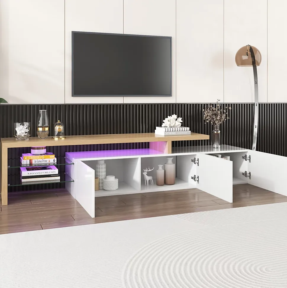 Meuble TV moderne elegance raffinee rangement pratique finition blanche brillante effet bois etageres verre LED integre
