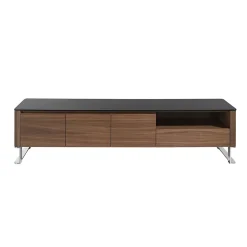 Meuble TV moderne en noyer et acier chromé avec plateau en verre noir élégant